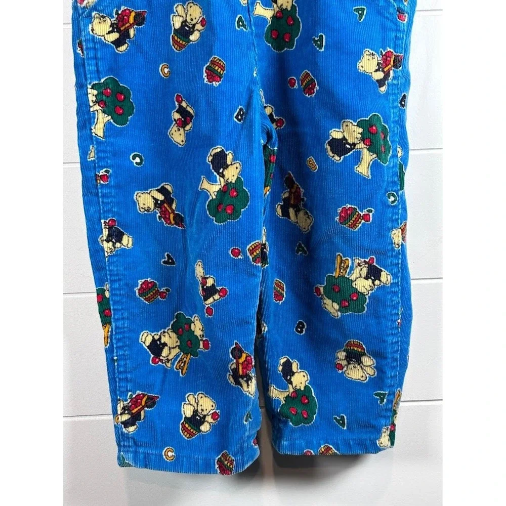 Vintage OshKosh‎ Kids Corduroy Overalls Blue Bear Tree Print Adjustable Straps
